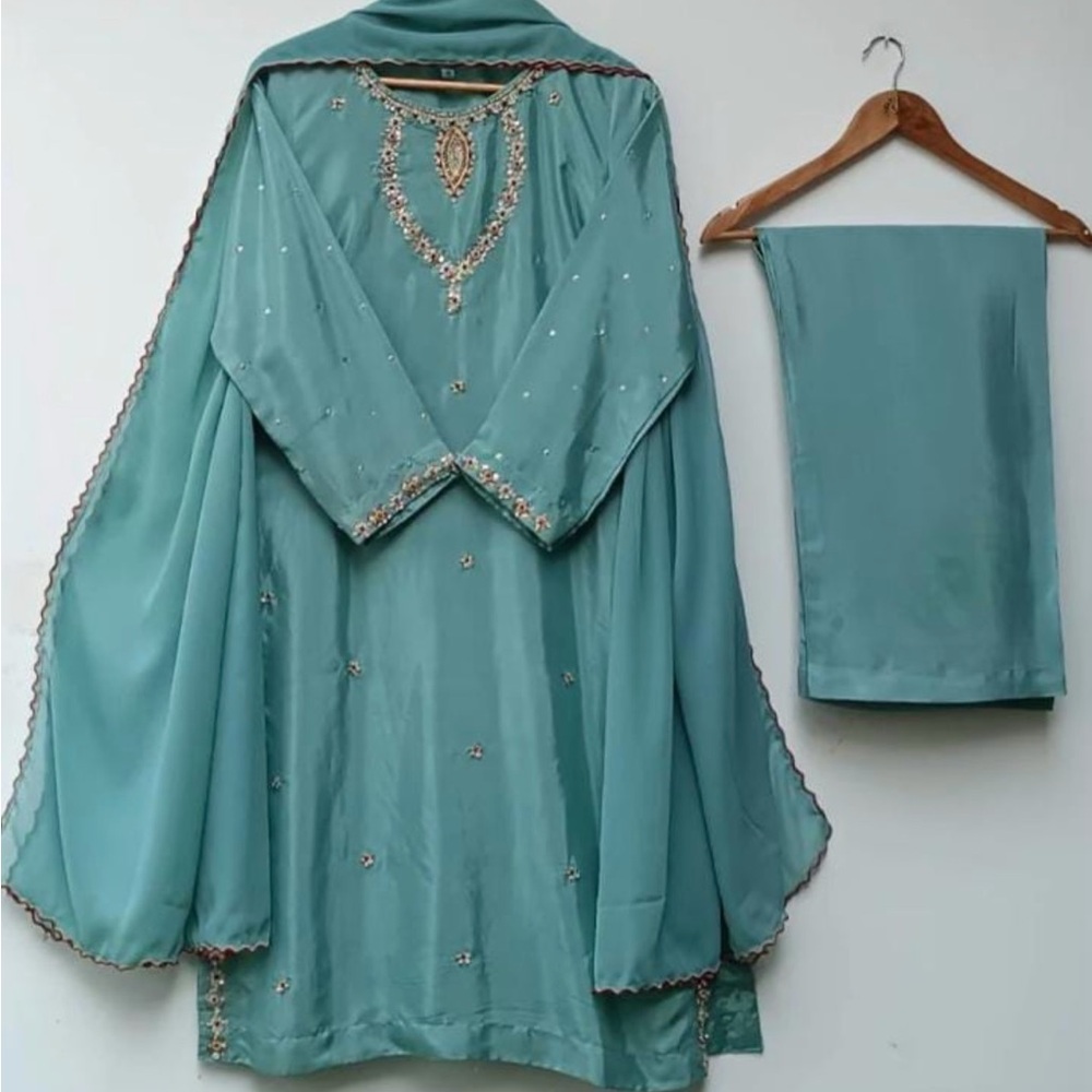 Elegant Teal Long Sleeve Women's Dress with Embellished Neckline